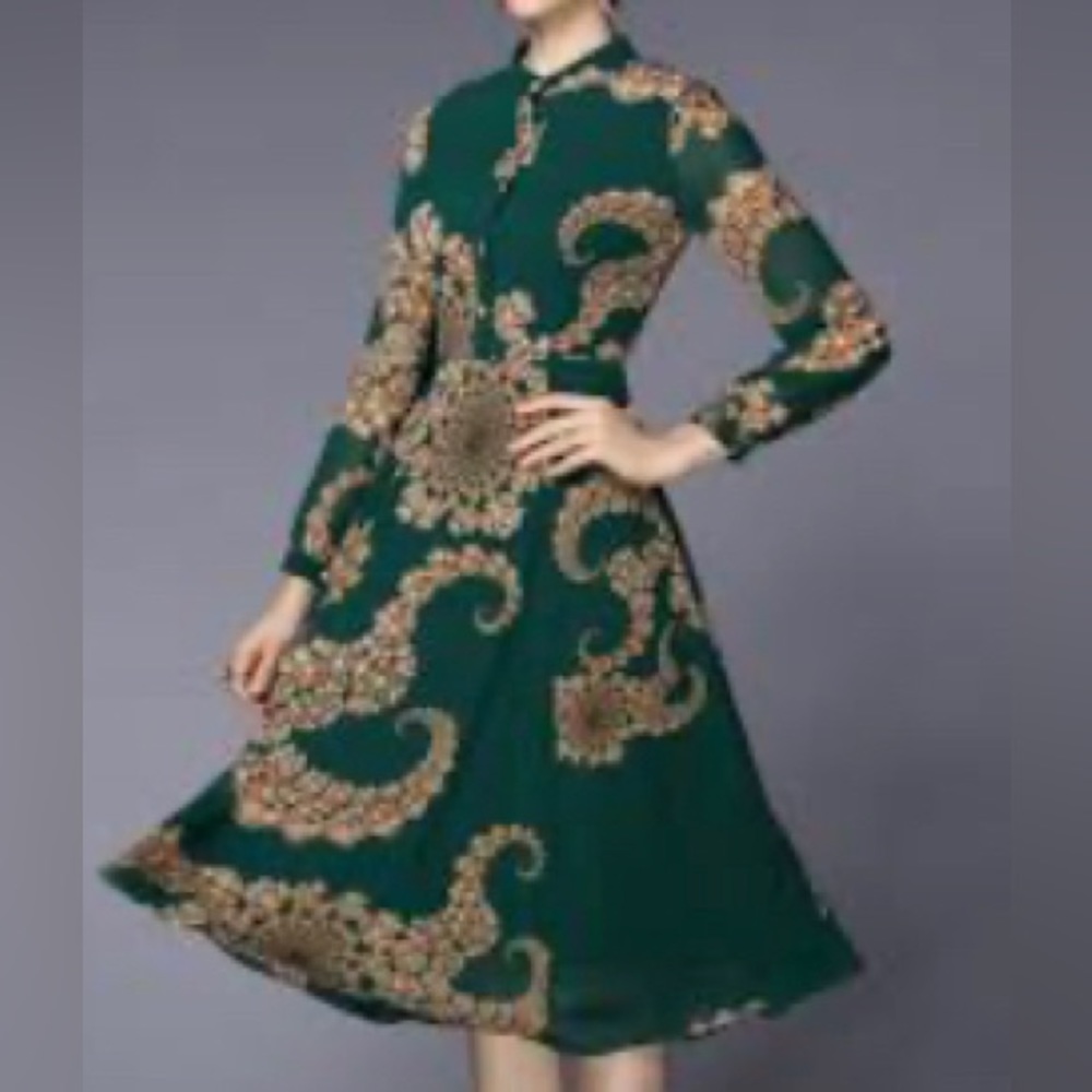 Beautiful Green Long Sleeve Chiffon Dress W/ Tan Paisley Detail